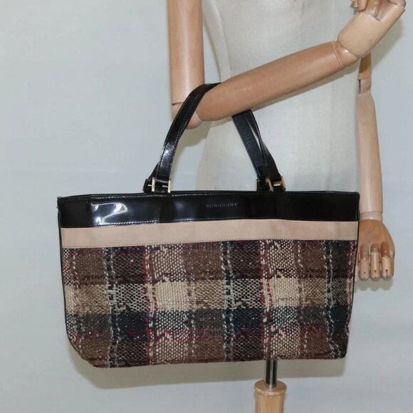 BURBERRY Nova Check Hand Bag Wool Brown Gold black - Picture 14 of 16